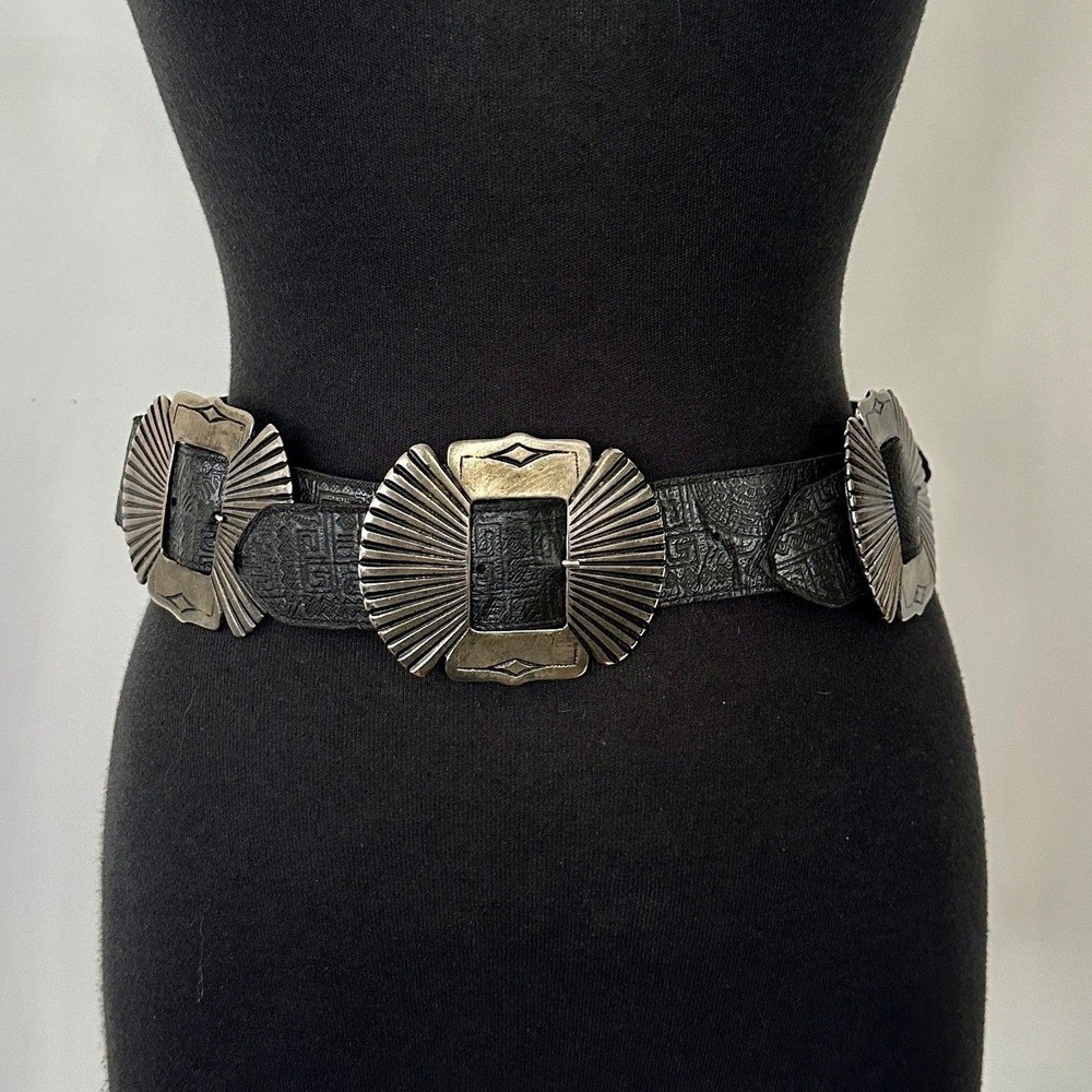 Vtg 90s Sunburst Concho Belt Tooled Aztec Leather Modular Multi-Size USA Made